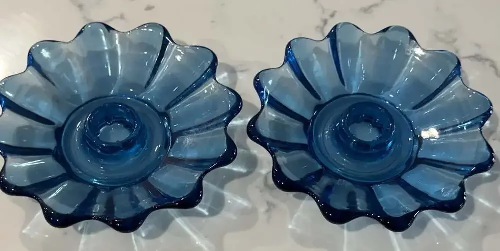 Pair Fostoria MCM Vintage cobalt glass petal candlestick holders